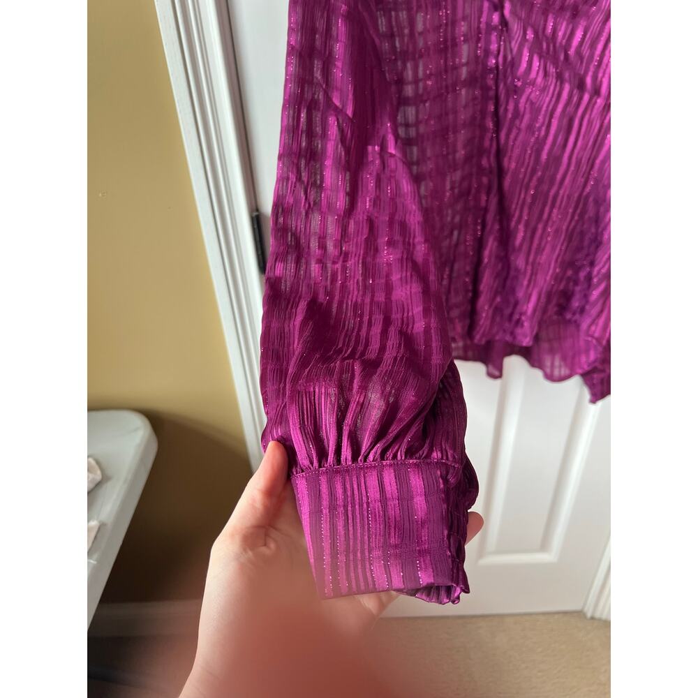 NEW Chico's Split Neck Crinkle Blouse Magenta Purple Shimmer Long Sleeve Sz 16 - Picture 7 of 16
